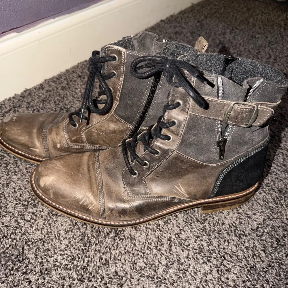 Hand Crafted Italian Leather Combat Boots Distressed Grey Blk/Bro EU 45 Mens 12
